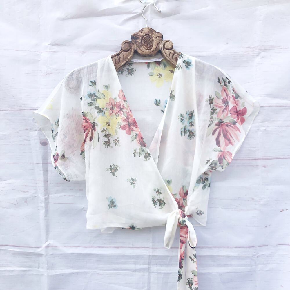Zara Sheer Floral Wrap Top Kimono Short Sleeve xs